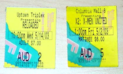 Movie Ticket Stubs, Reloaded and X2