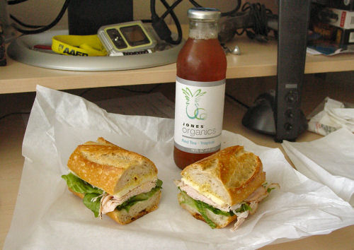 Turkey and Havarti sandwich with Jones organic red tea.