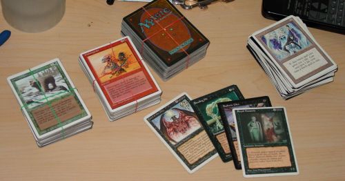 mtg cards -- green creature deck, red burn deck, and my black-white deck
